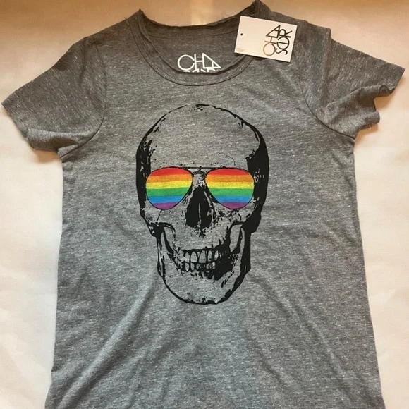 NWT Chaser Skull Rainbow Sunglasses Cotton Triblend Short Sleeve Crew Tee Top - Picture 3 of 8